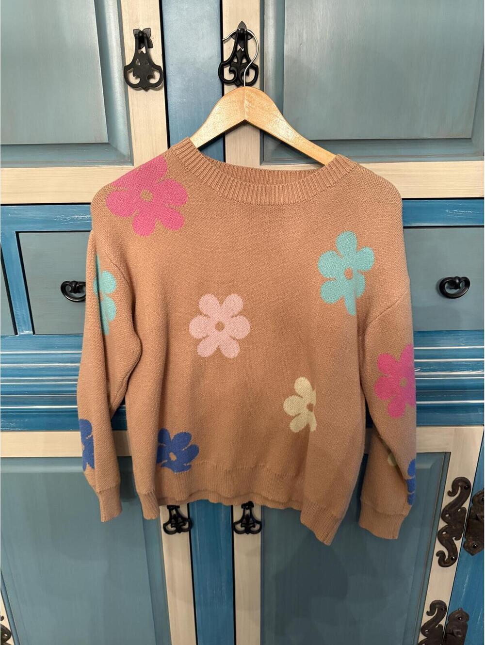 Angashion Beige Sweater with Colorful Flower Prints, Size M